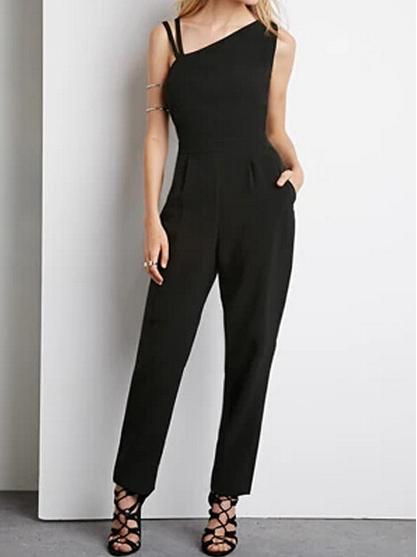Shein Black One-shoulder Slim Casual Jumpsuit