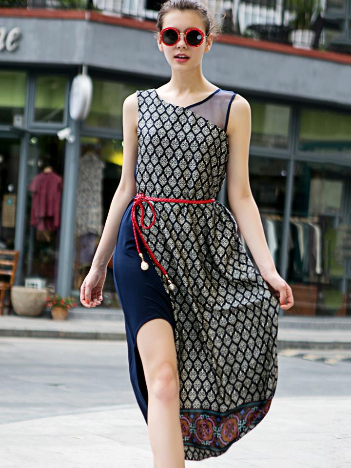 Shein Multicolor Round Neck Sleeveless Two Pieces Tie-waist Dress
