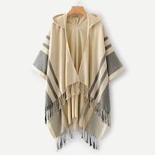 Shein Fringe Hem Striped Hooded Poncho Sweater