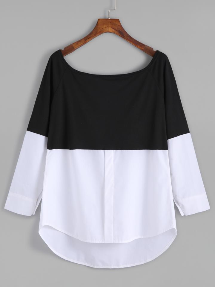 Shein Black White Contrast Scoop Neck Dip Hem T-shirt