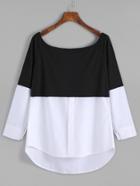 Shein Black White Contrast Scoop Neck Dip Hem T-shirt