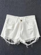 Shein White Pockets Lace Splicing Ripped Hole Denim Shorts