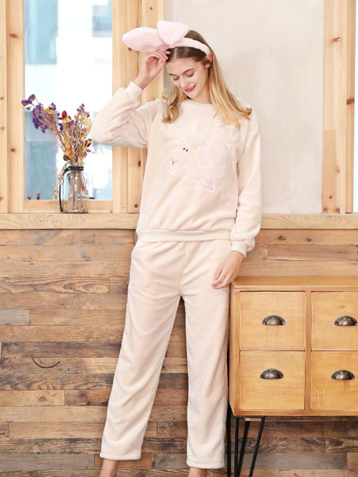 Shein Lamb Embroidered Plush Top & Pants Pj Set