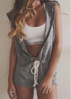 Rosewe Hooded Collar Drawstring Waist Grey Romper