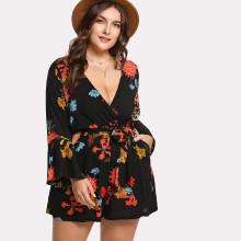 Shein Plus Trumpet Sleeve Floral Wrap Romper