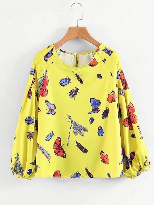 Shein Butterfly Print Balloon Sleeve Blouse