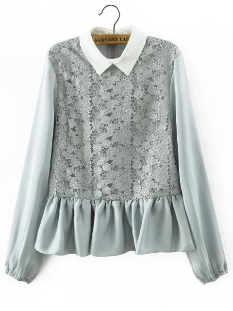 Shein Grey Long Sleeve Lace Flare Hem Blouse