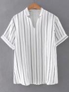 Shein Black V Neck Rolled Cuff Striped Blouse