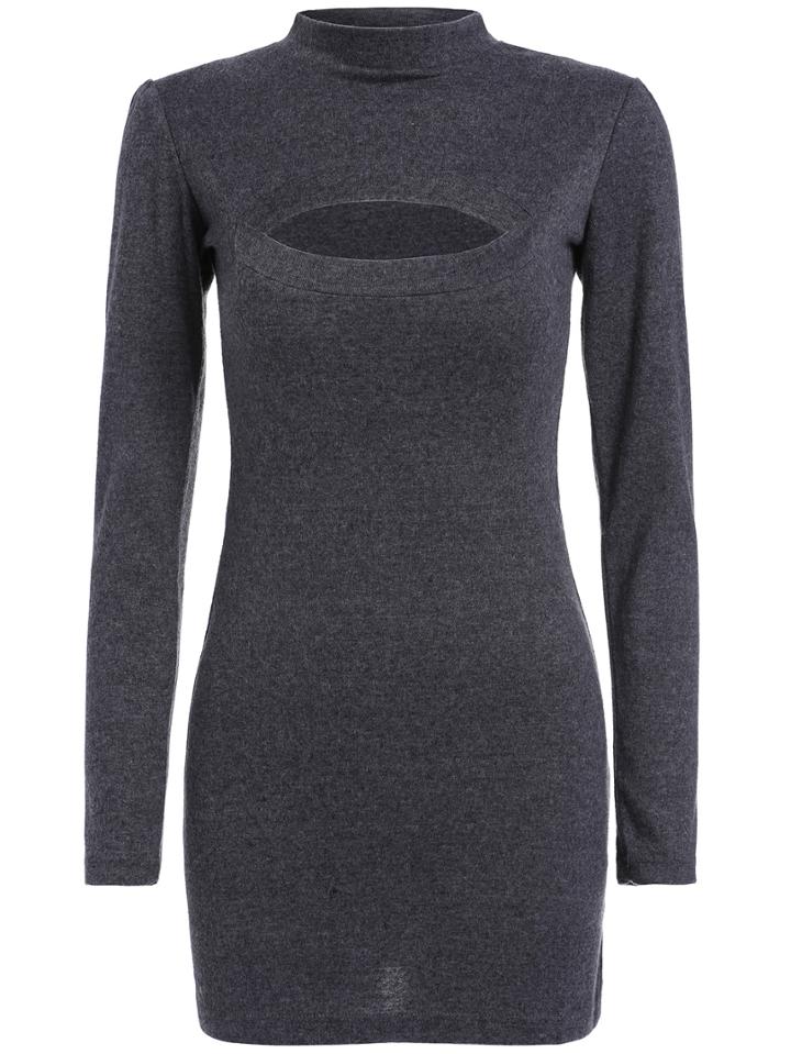 Shein Grey High Neck Tricot Hollow Bodycon Sweater Dress