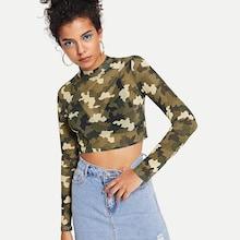 Shein Camo Print Mock Neck Sheer Tee