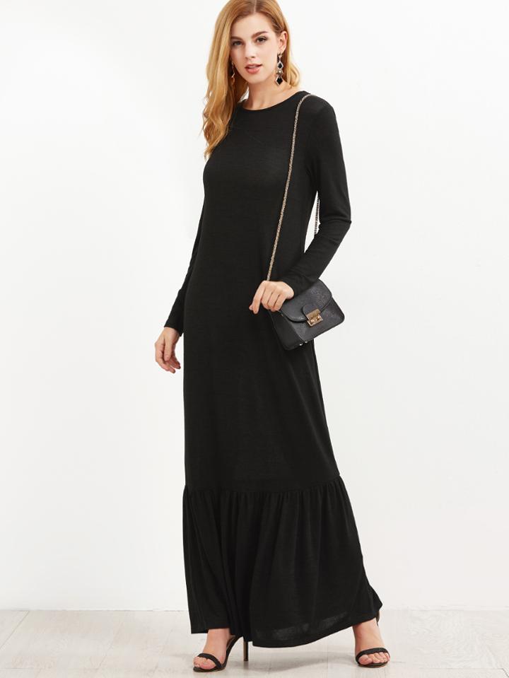Shein Black Long Sleeve Ruffle Hem Maxi Dress