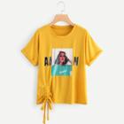 Shein Ruched Hem Girl Print Tee