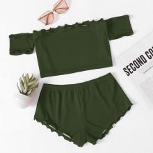 Shein Lettuce Edge Bardot Crop Top With Shorts