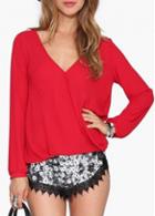Rosewe Solid Red Long Sleeve V Neck Blouse