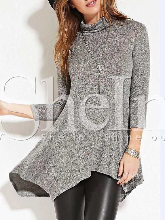 Shein Grey High Neck Asymmetric T-shirt Dress
