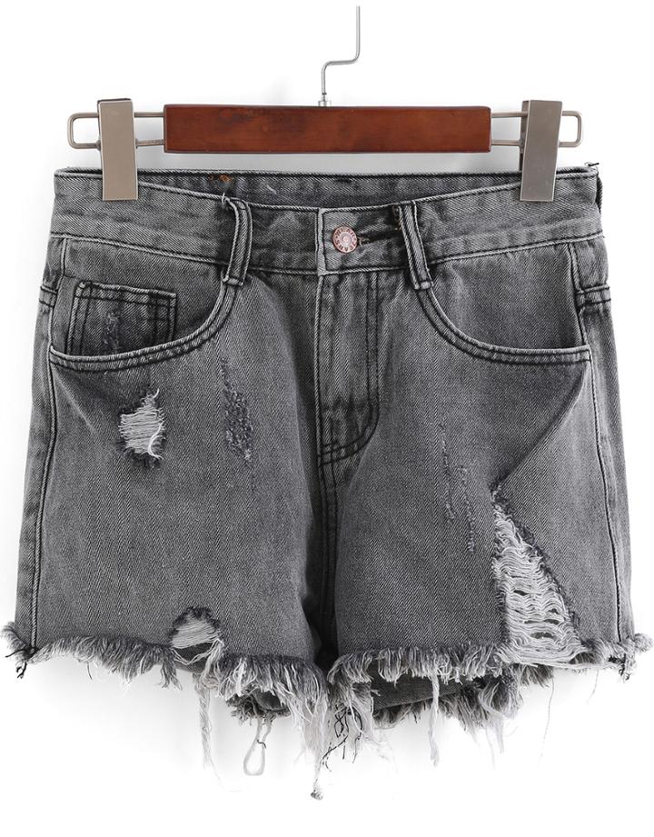 Shein Grey Ripped Fringe Denim Shorts