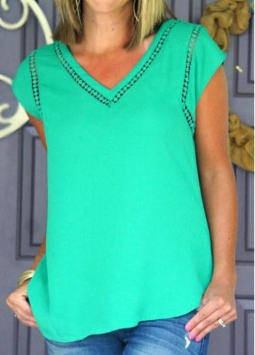 Rosewe Cap Sleeve V Neck Green T Shirt