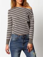Shein Grey Oblique Shoulder Striped Ribbed Sweater