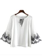 Shein Black Embroidery Bell Sleeve Lace Up Blouse