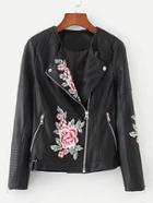 Shein Quilted Detail Flower Embroidery Pu Jacket