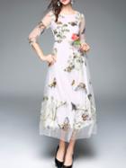 Shein White Gauze Butterfly Embroidered Long Dress