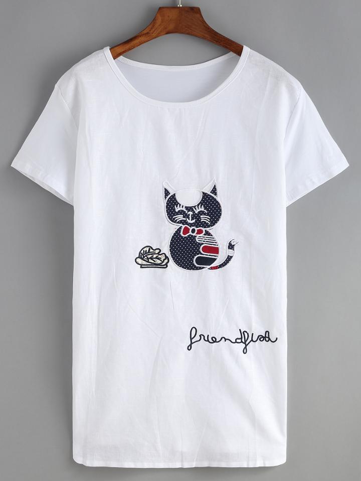 Shein White Crew Neck Cat Print T-shirt
