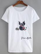 Shein White Crew Neck Cat Print T-shirt