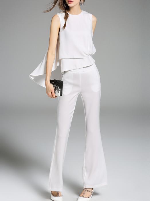 Shein White Crew Neck Top With Pockets Pants