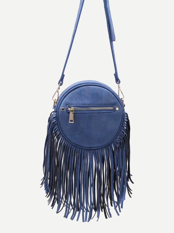 Shein Blue Fringe Zip Pockets Round Crossbody Bag