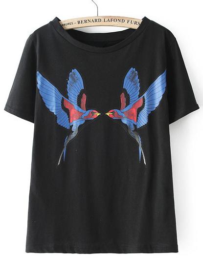 Shein Black Short Sleeve Birds Print T-shirt