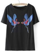 Shein Black Short Sleeve Birds Print T-shirt