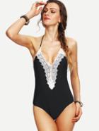 Shein Lace Trimmed V-neck One-piece Swimwear