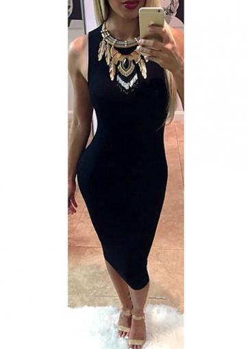 Rosewe Round Neck Sleeveless Black Mid Calf Dress
