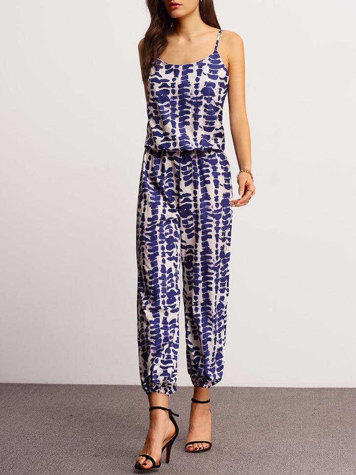 Shein Blue White Spaghetti Strap Loose Jumpsuit