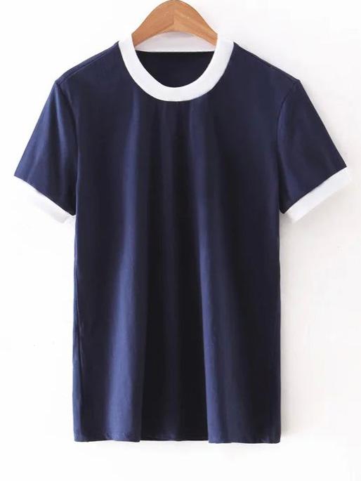 Shein Navy Short Sleeve Knit Casual T-shirt