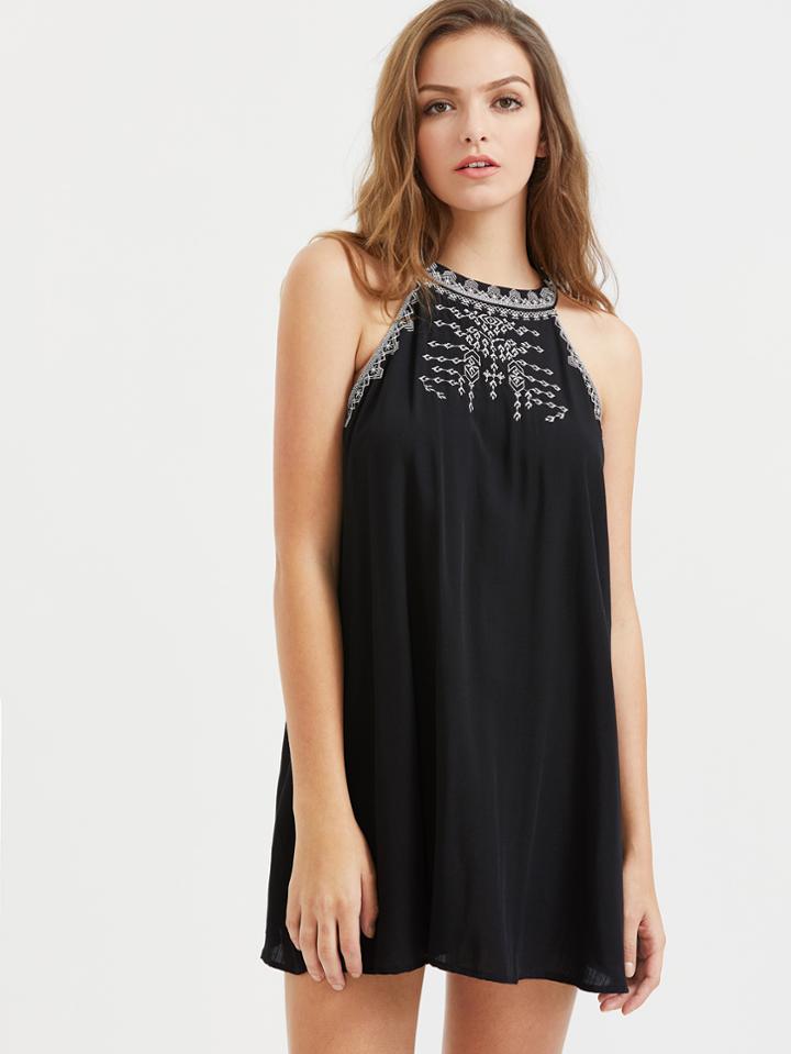 Shein Embroidered Tie Back Halter Dress