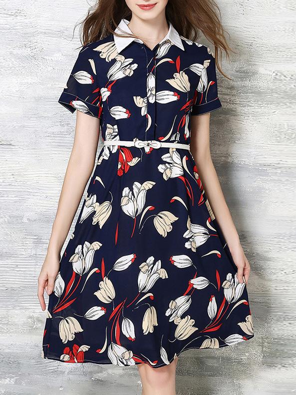 Shein Navy Lapel Belted Print A-line Dress