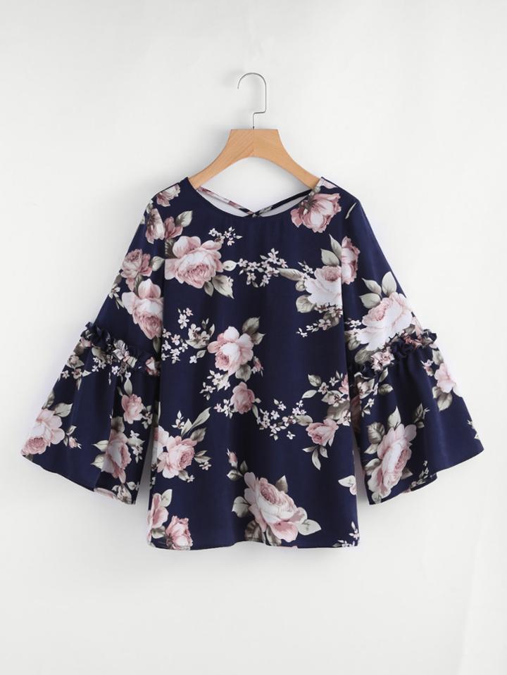 Shein Frill Bell Sleeve Crisscross Back Floral Top