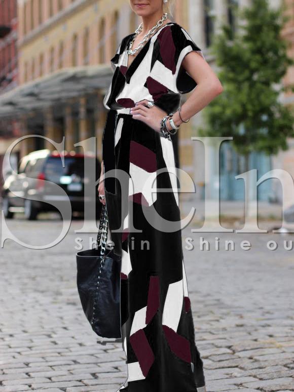 Shein Black Plunge Patchwork Split Maxi Dress