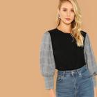 Shein Contrast Plaid Balloon Sleeve Top