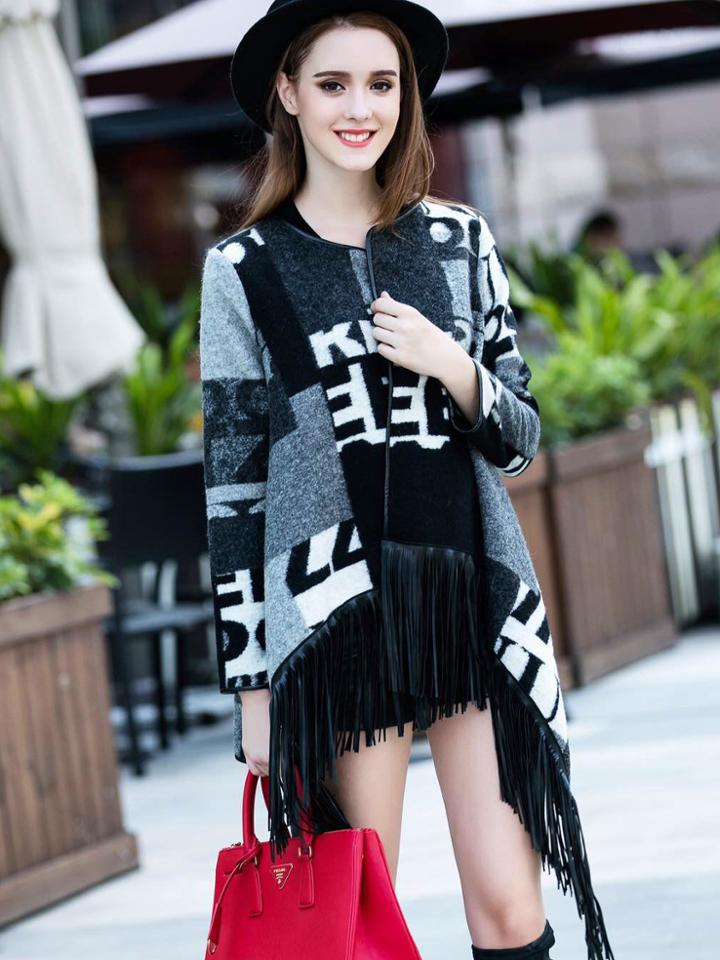 Shein Multicolor Round Neck Long Sleeve Tassel Coat