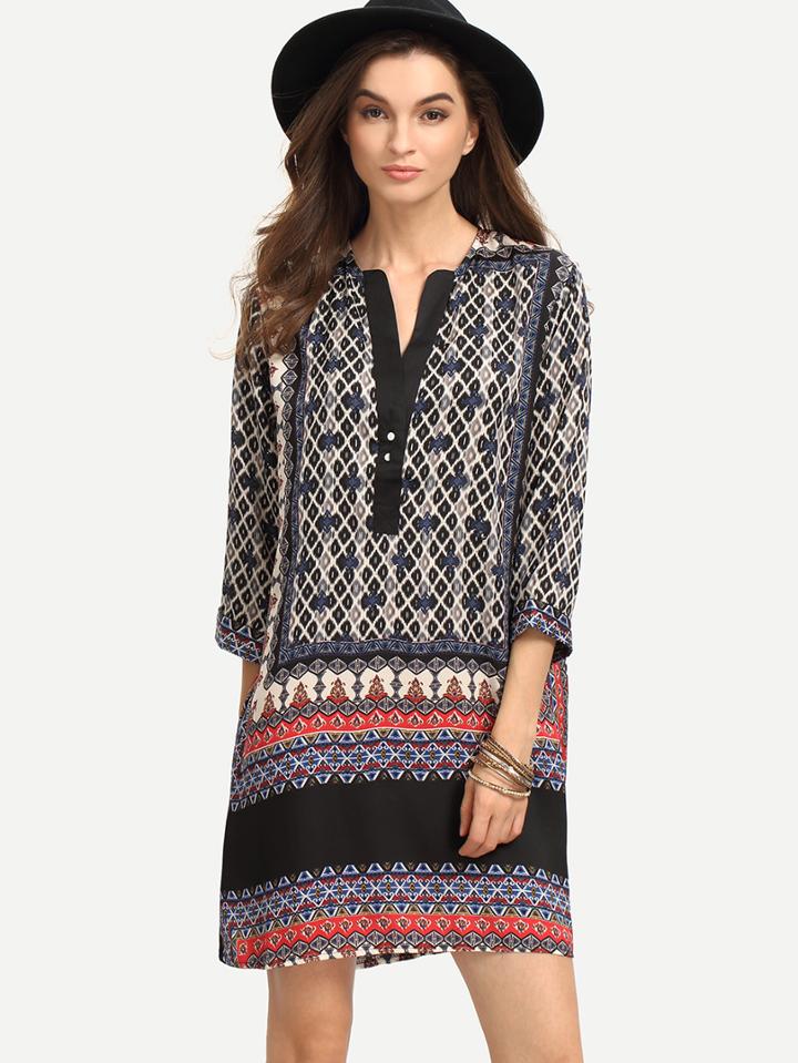 Shein Tribal Print Buttoned Placket Tunic Dress - Blue