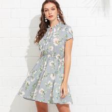 Shein Tie Neck Elastic Waist Frilled Floral Dress
