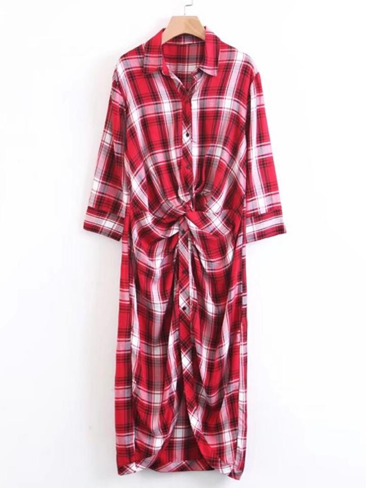 Shein Twist Front Plaid Shirt Dress