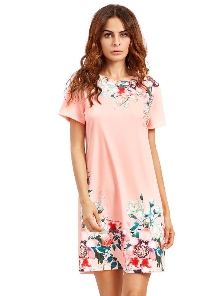 Shein Pink Round Neck Floral Print Vintage Dress