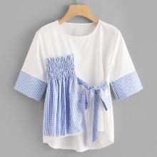Shein Pleated Detail Knot Front Tee