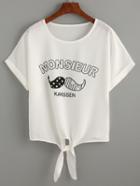 Shein White Moustache Print Cuffed Knotted Shirt