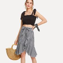 Shein Self Belted Gingham Ruffle Trim Skirt