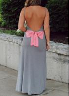 Rosewe Bowknot Decorated Grey Open Back Maxi Dress