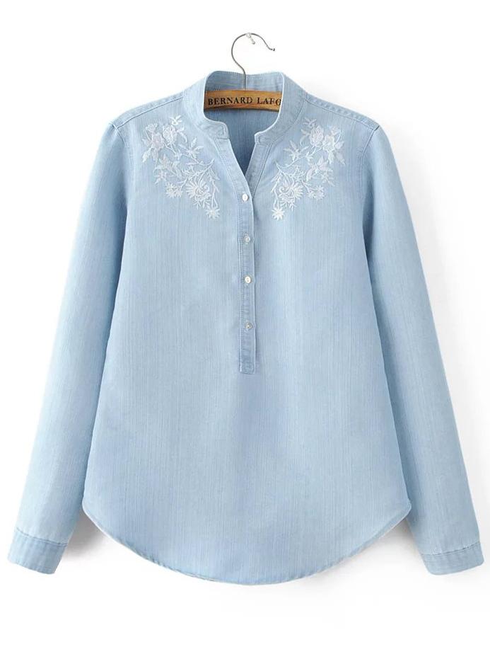 Shein Blue Embroidery Band Collar Scalloped Hem Denim Blouse